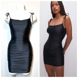 Good American Satin Ruched Mini Dress With Tie Straps In Black Size XS